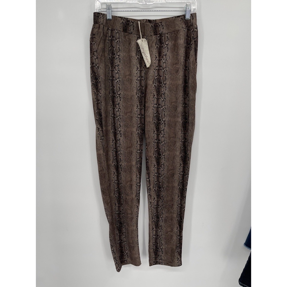 Mystree M Snakeskin Print Pants Women Brown LIKE_NEW Elastic Waist Tapered Leg